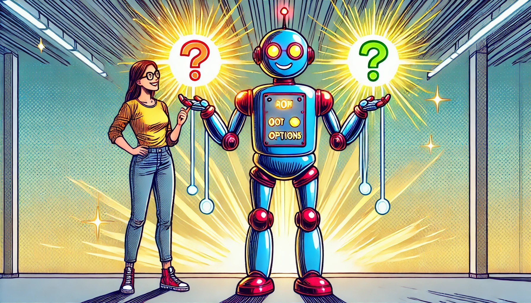 Woman deciding with helpful robot in colorful setting.