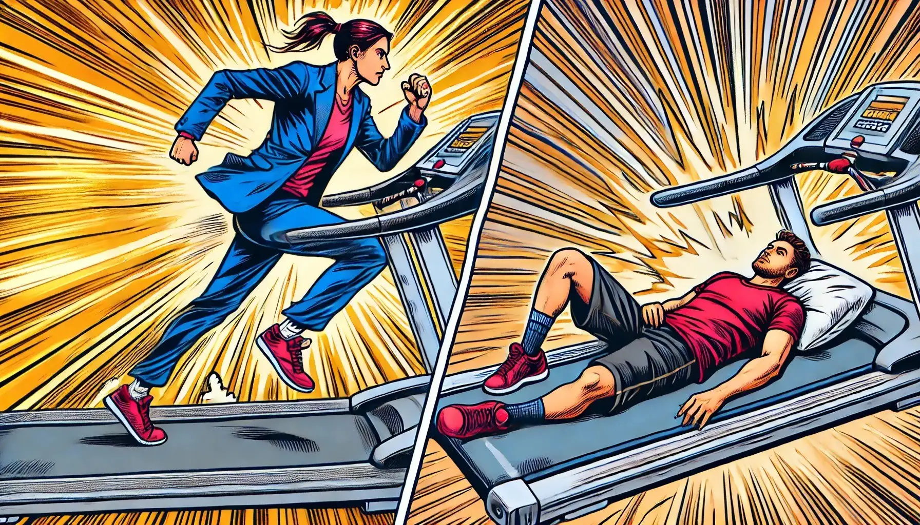 Comic characters on treadmills: running versus resting.