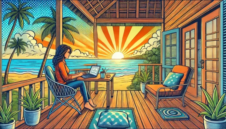 Person working at laptop on beachside porch