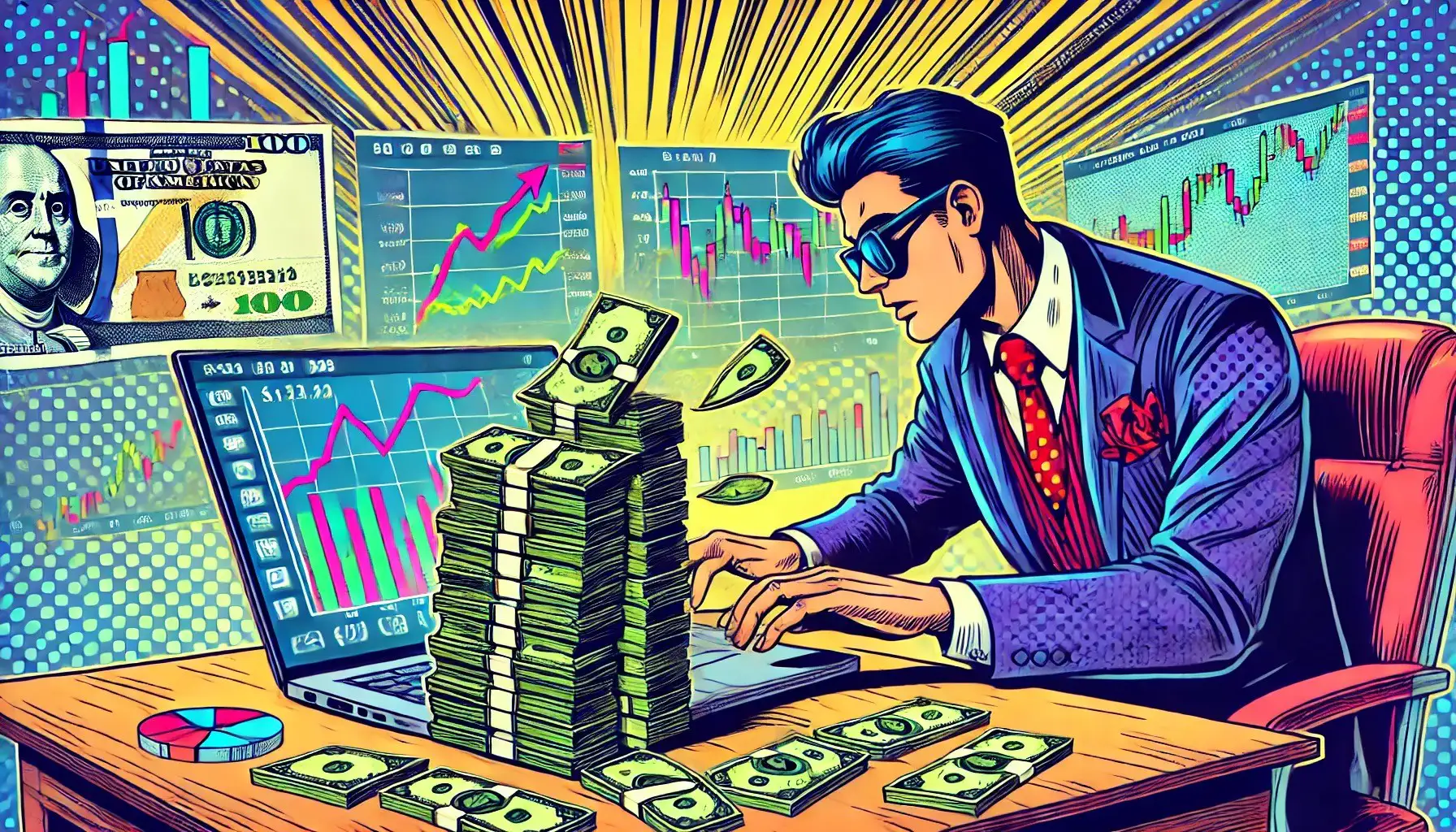 Stock trader surrounded by money and graphs.