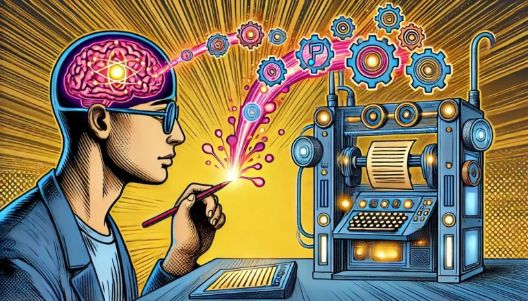 Illustration of brain, gears, and machine interface.