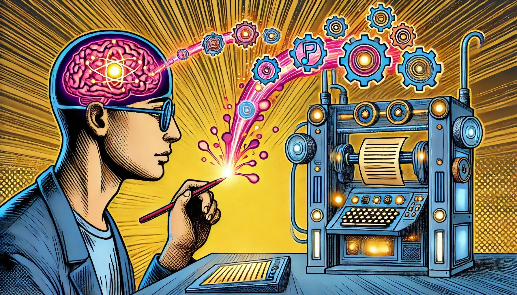 Illustration of brain, gears, and machine interface.