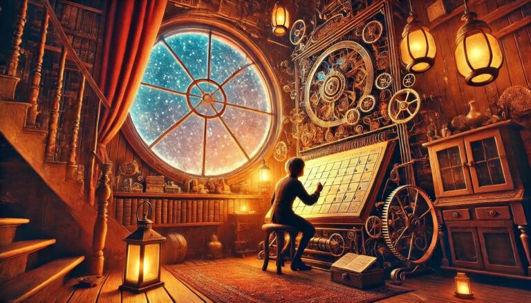 Person studying gears and charts in steampunk room.