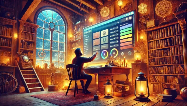 Person in magical library, using large high-tech interface.