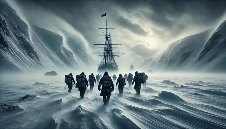 Explorers walk towards ship in snowy landscape.