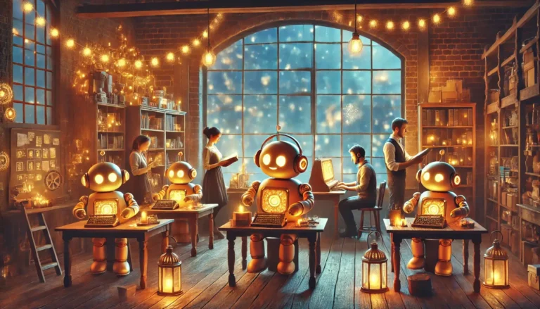 Steampunk robots working in a cozy, lit library.