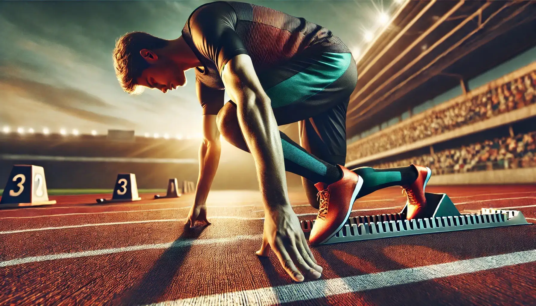 Sprinter at start line, athletic track, stadium lights