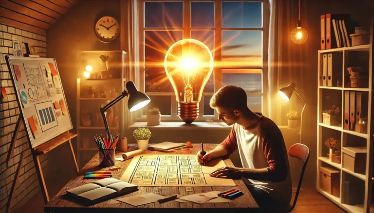 Man drawing plans under creative lightbulb idea