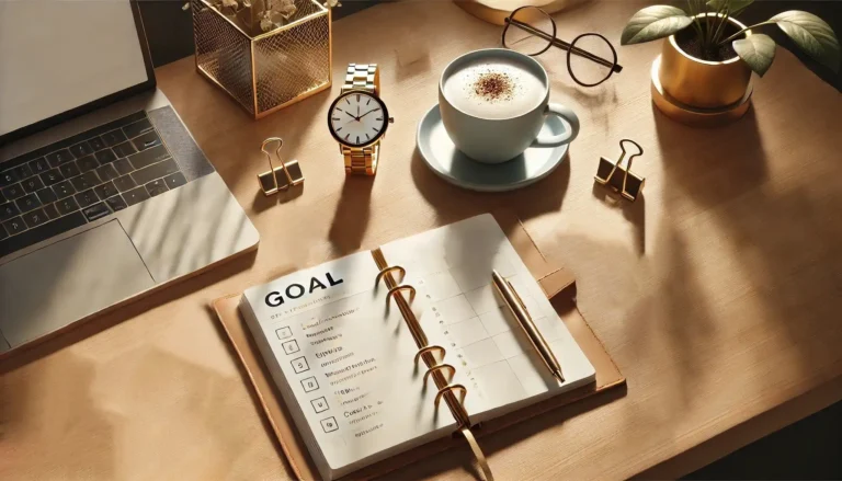 Desk with laptop, planner, coffee, and watch.