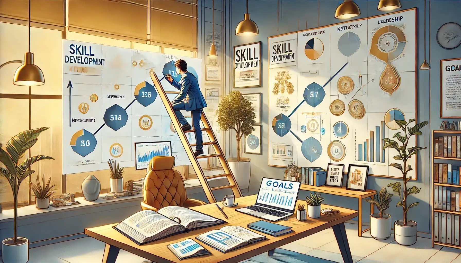 Man analyzing skill development charts on wall.