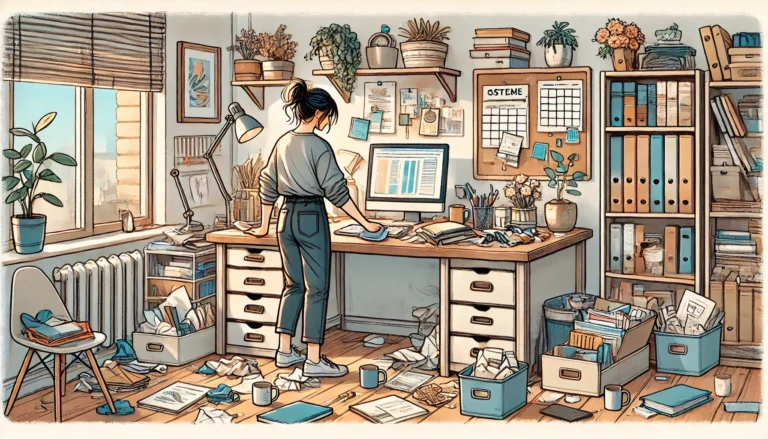 Person standing in cluttered home office workspace.