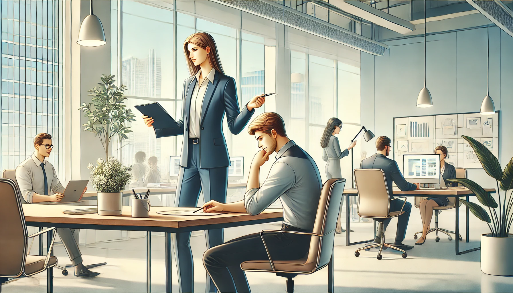 Team collaborating in modern office setting.