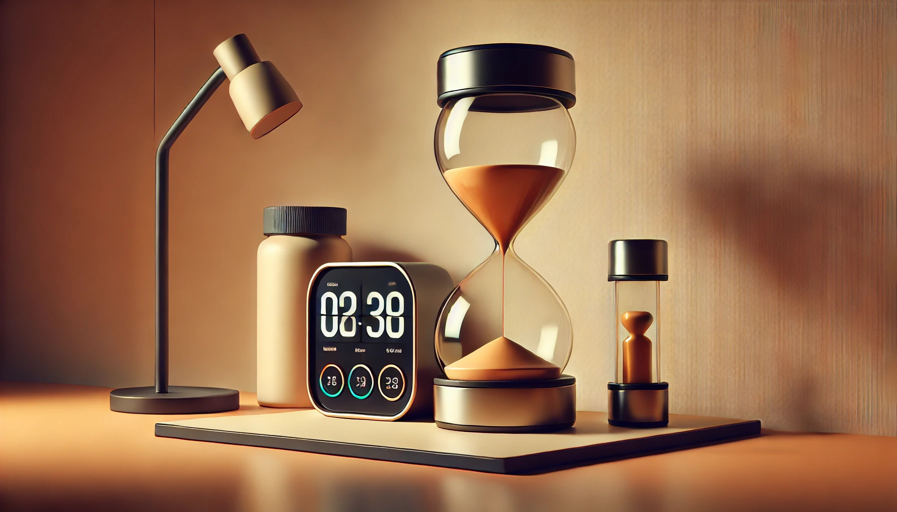 Modern desk setup with hourglass and clock.