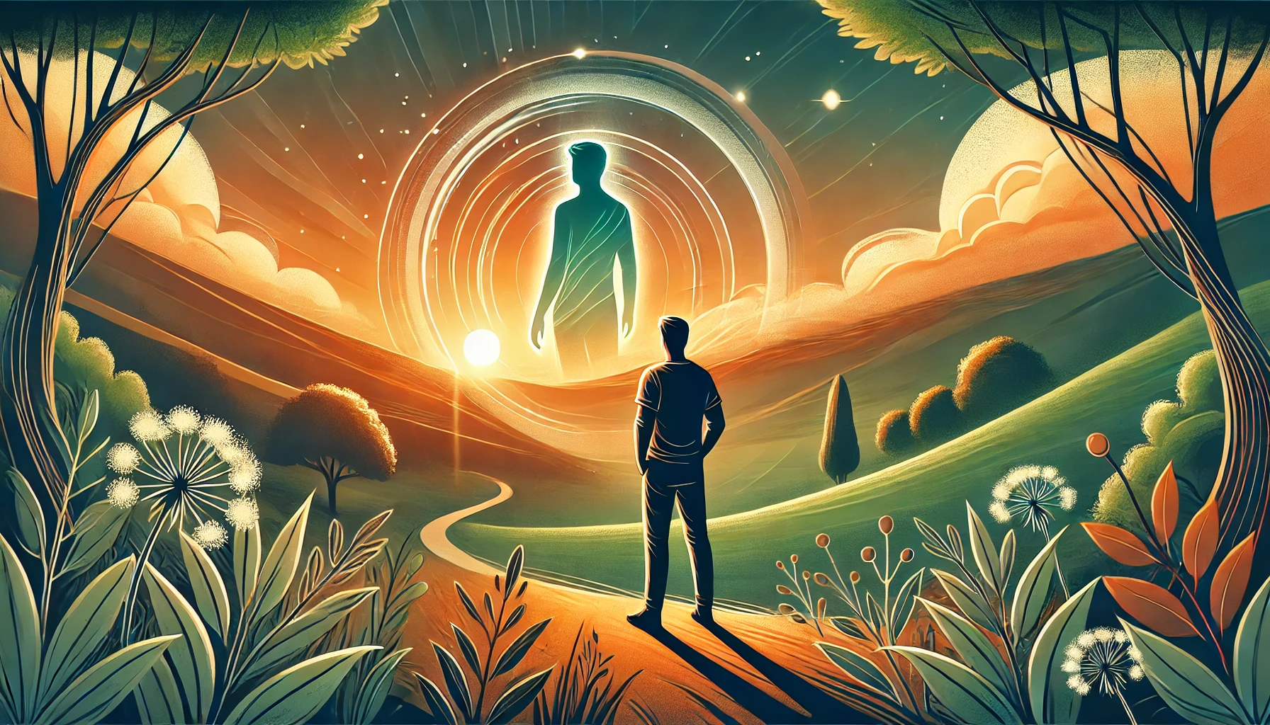 Surreal landscape with glowing silhouette and sunset