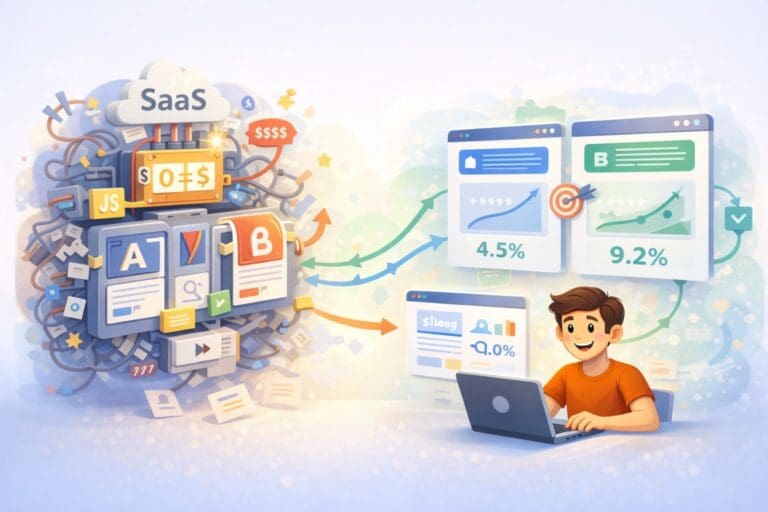 Illustration depicting SaaS A/B testing and analytics dashboard.