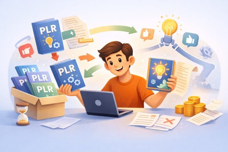 Man creating content with PLR materials at desk.